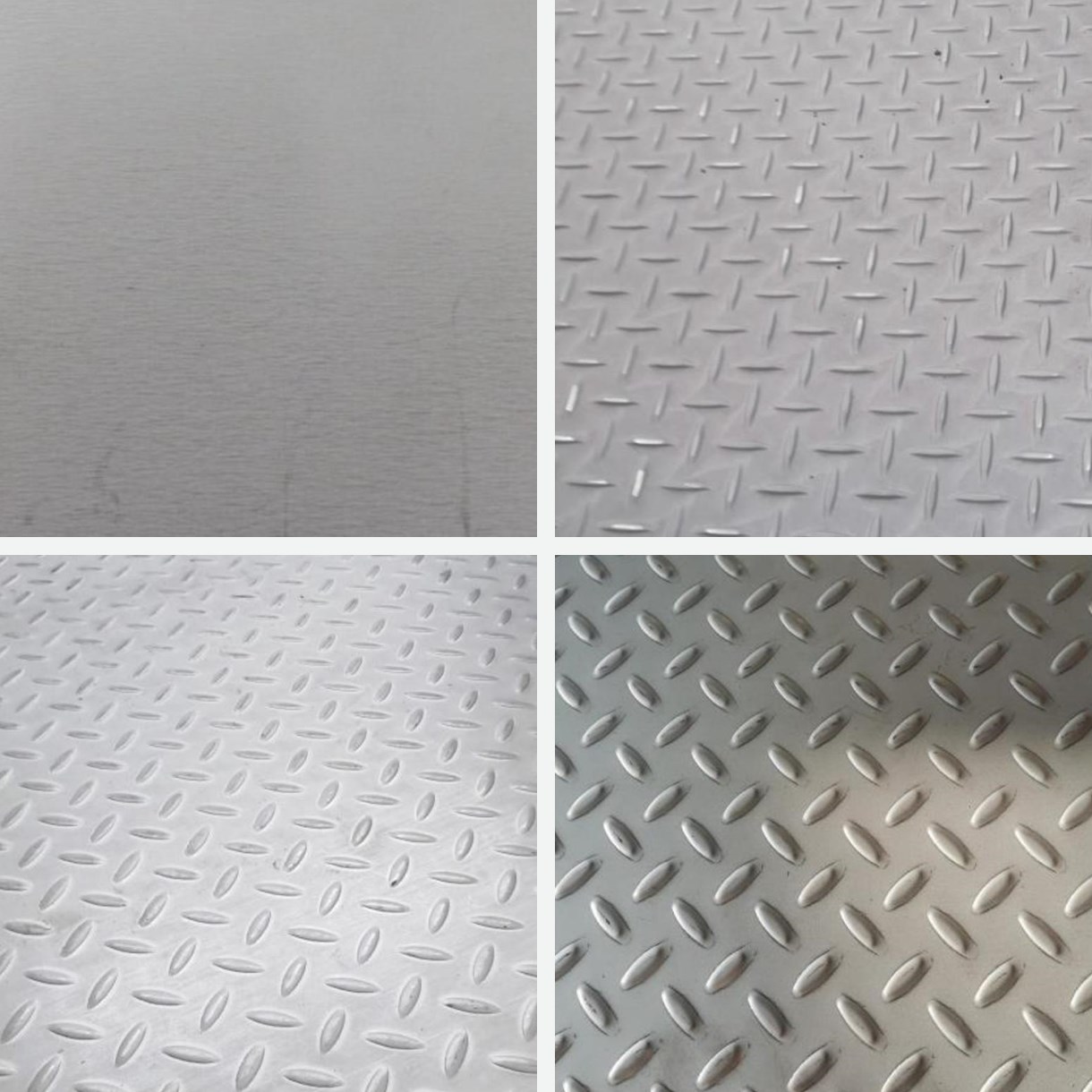 Four stainless steel mill and checker plate samples