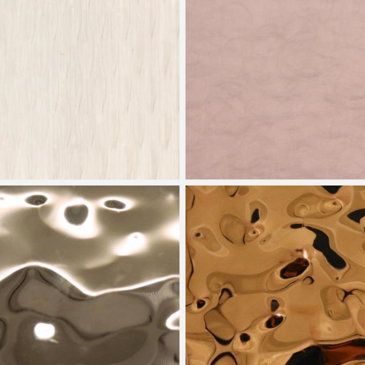 Four stainless steel surface samples showing brushed, colored and water-ripple textures